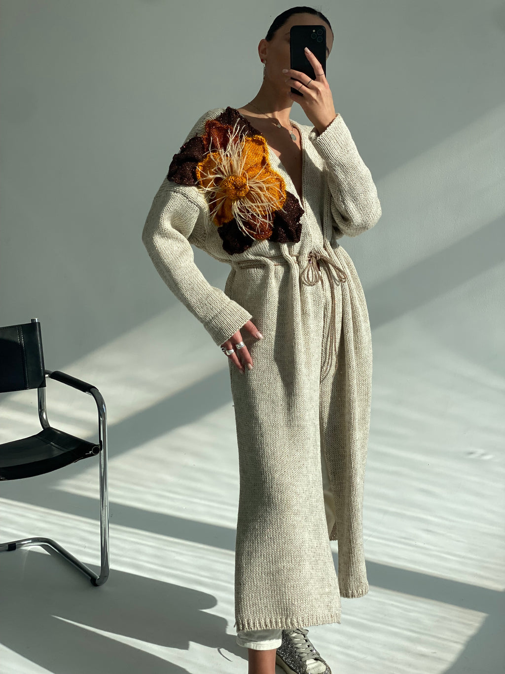 Cream long Cardigan with Flower
