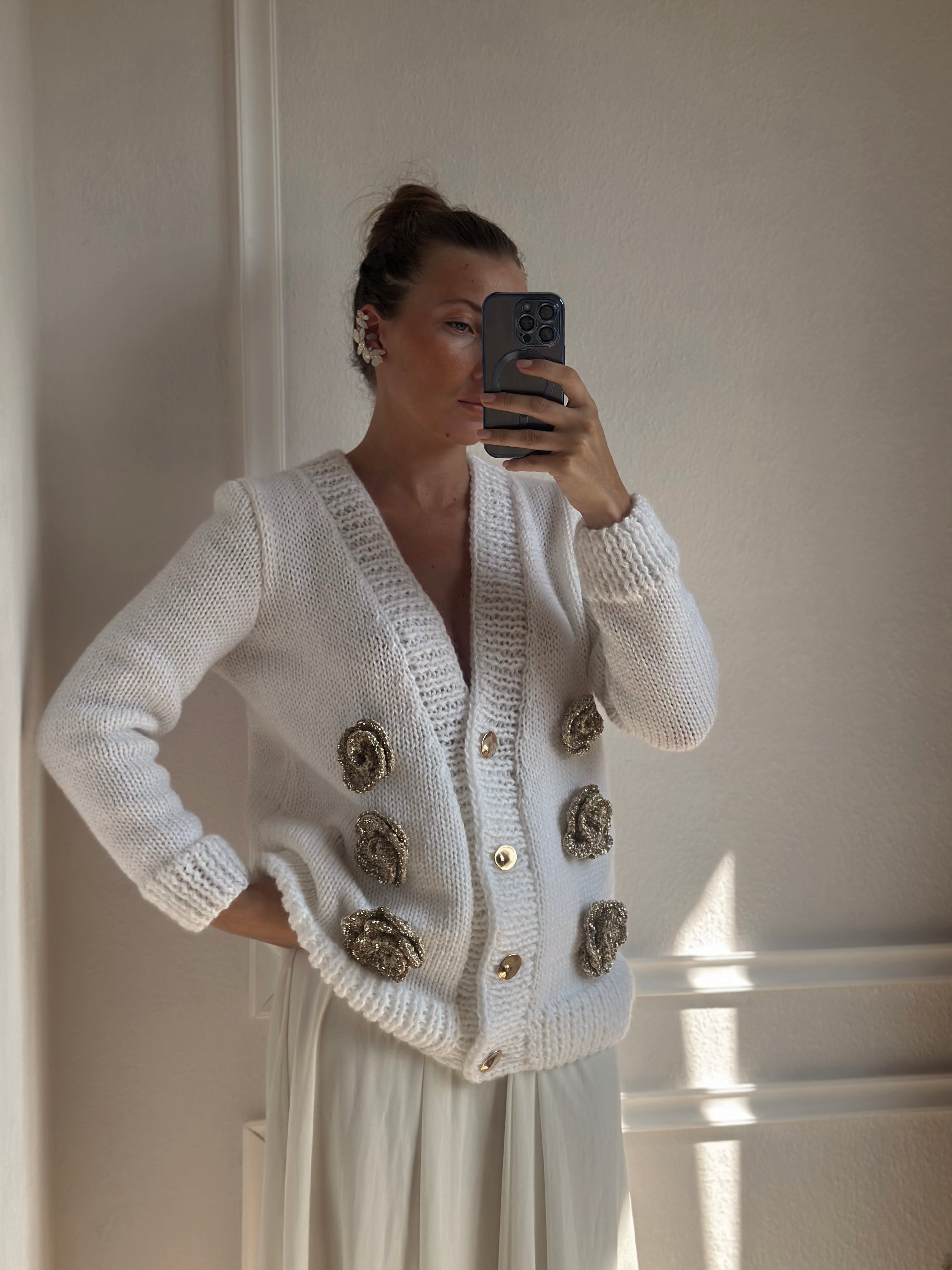 White cardigan with golden roses