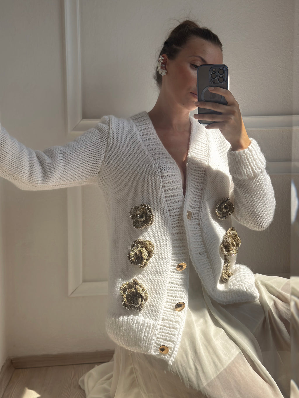 White cardigan with golden roses