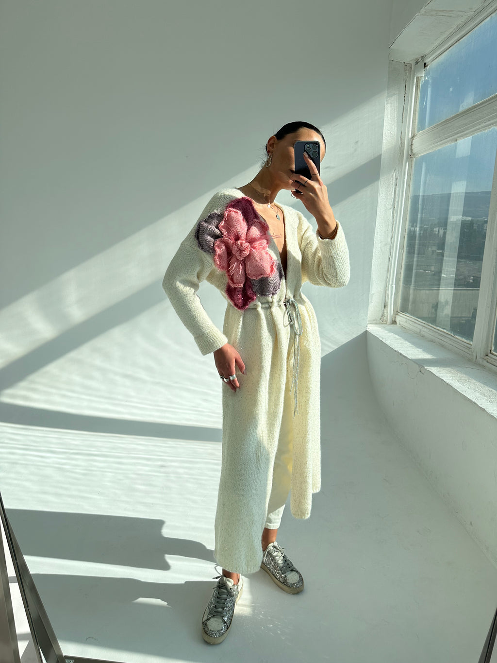 Milky Long Cardigan With Flowers