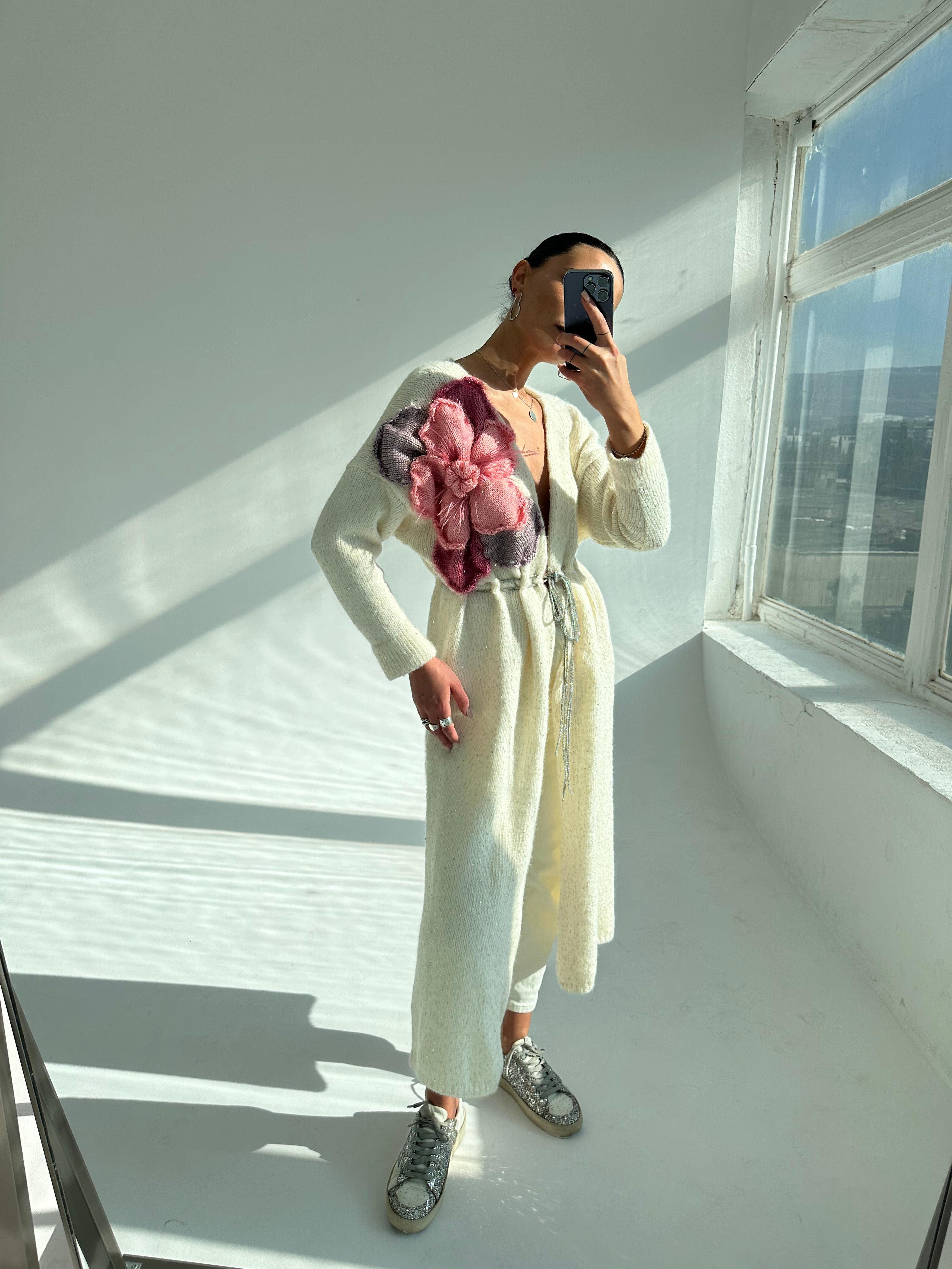Milky Long Cardigan With Flowers