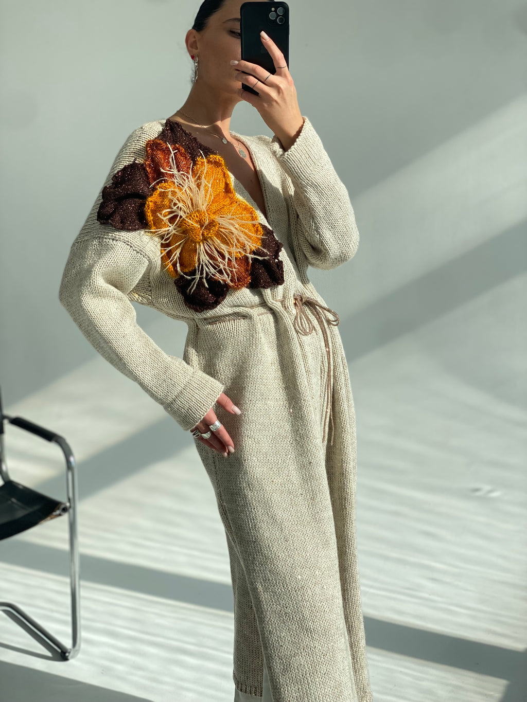 Cream long Cardigan with Flower