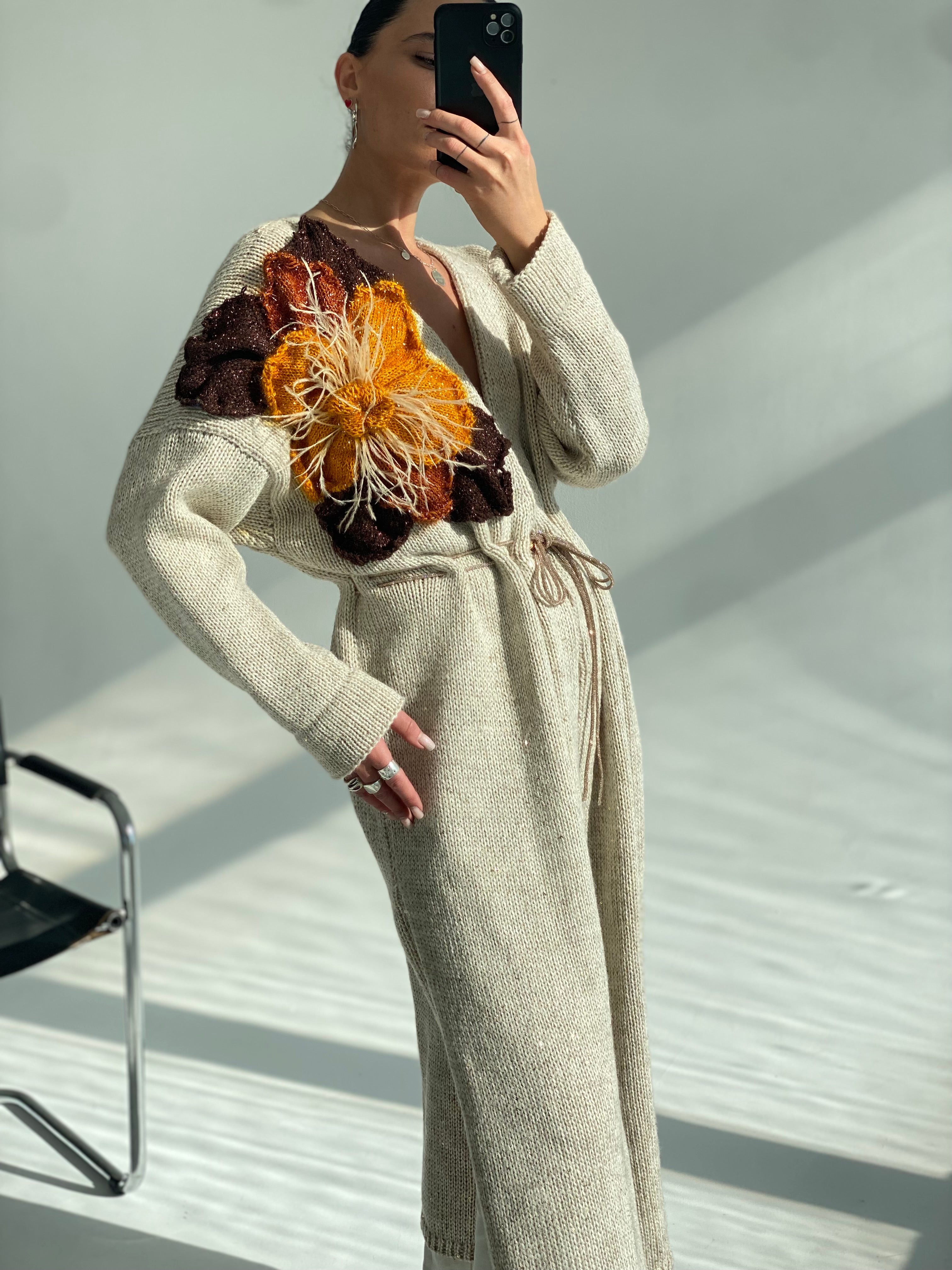 Cream long Cardigan with Flower