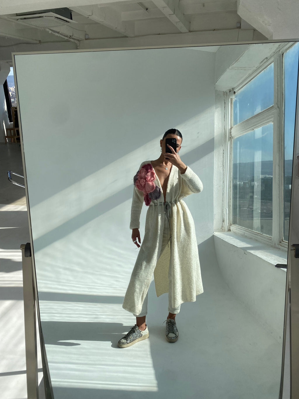Milky Long Cardigan With Flowers