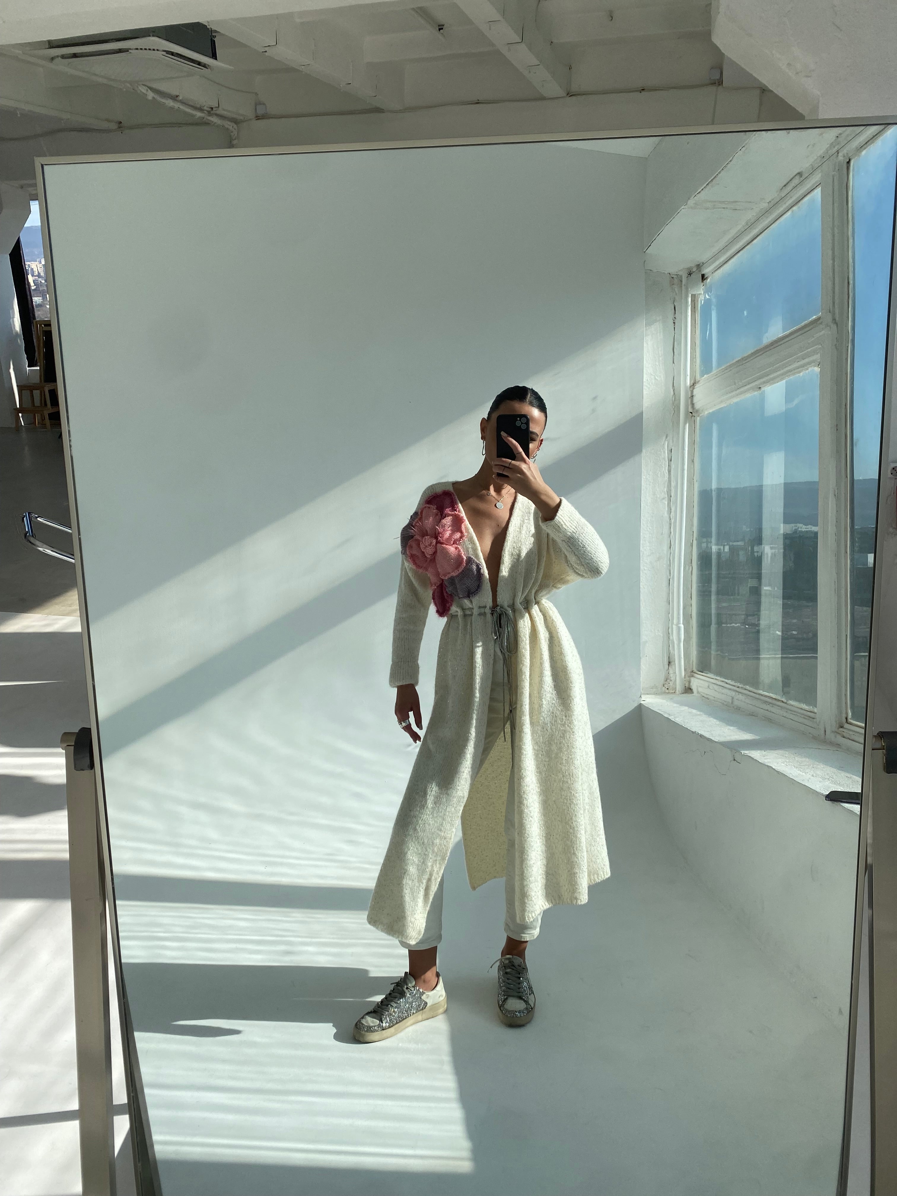 Milky Long Cardigan With Flowers
