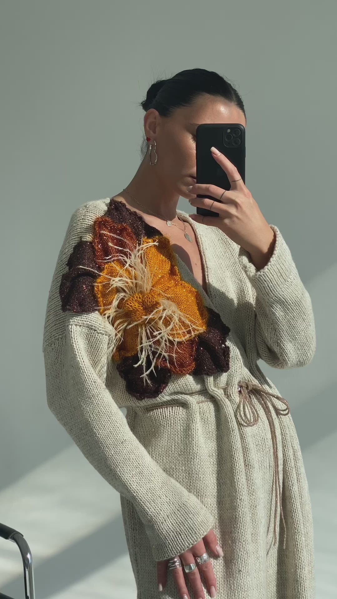 Cream long Cardigan with Flower
