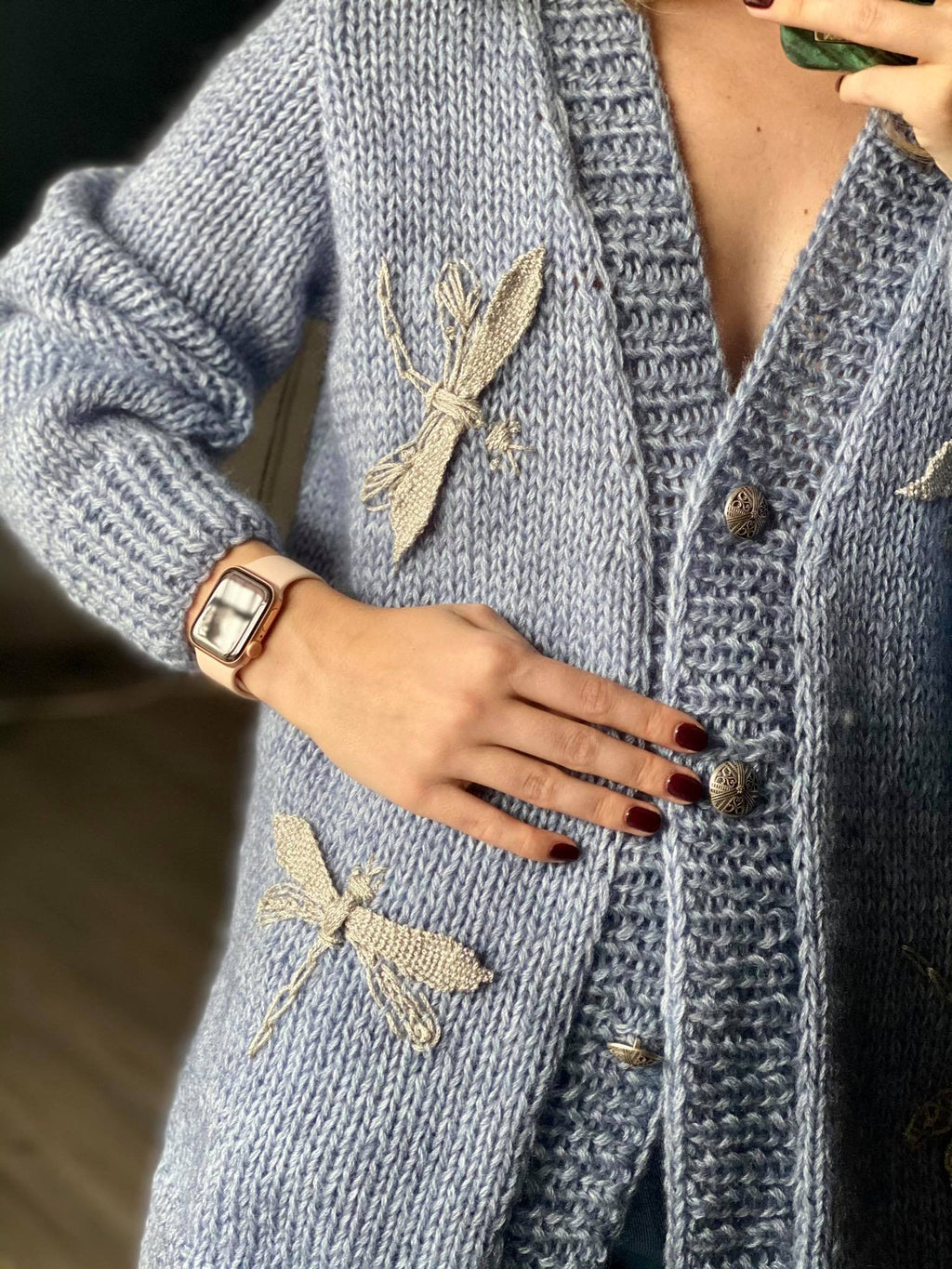 Denim handknitted cardigan with embroidery
