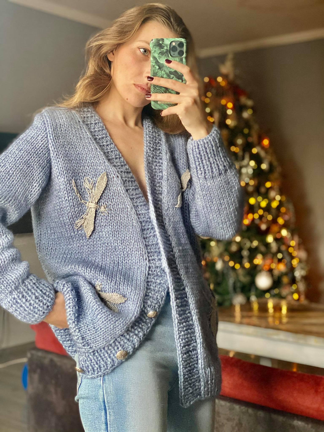 Denim handknitted cardigan with embroidery