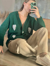 Load image into Gallery viewer, Green cardigan with silver hearts
