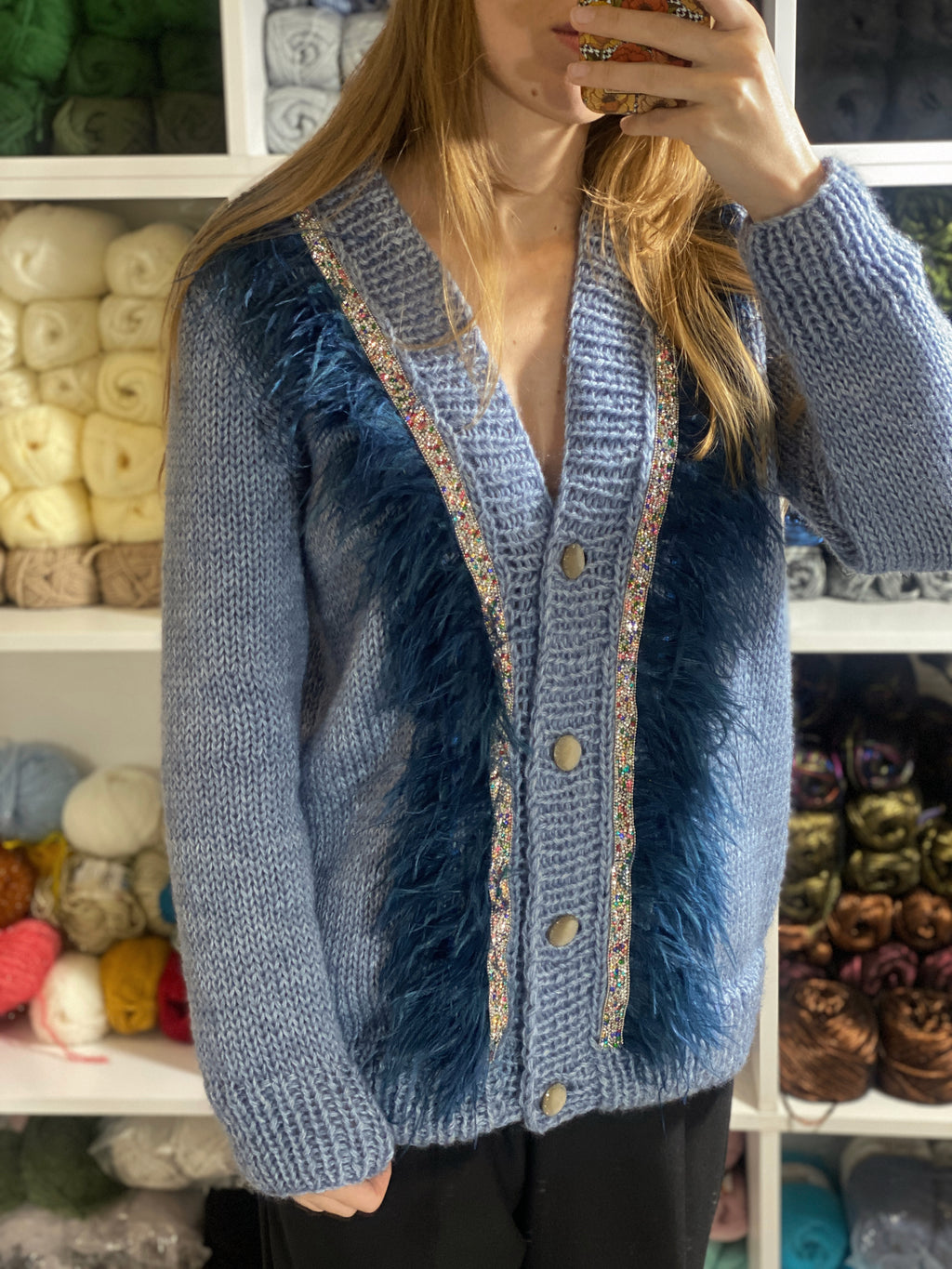 Blue jeans cardigan with feathers