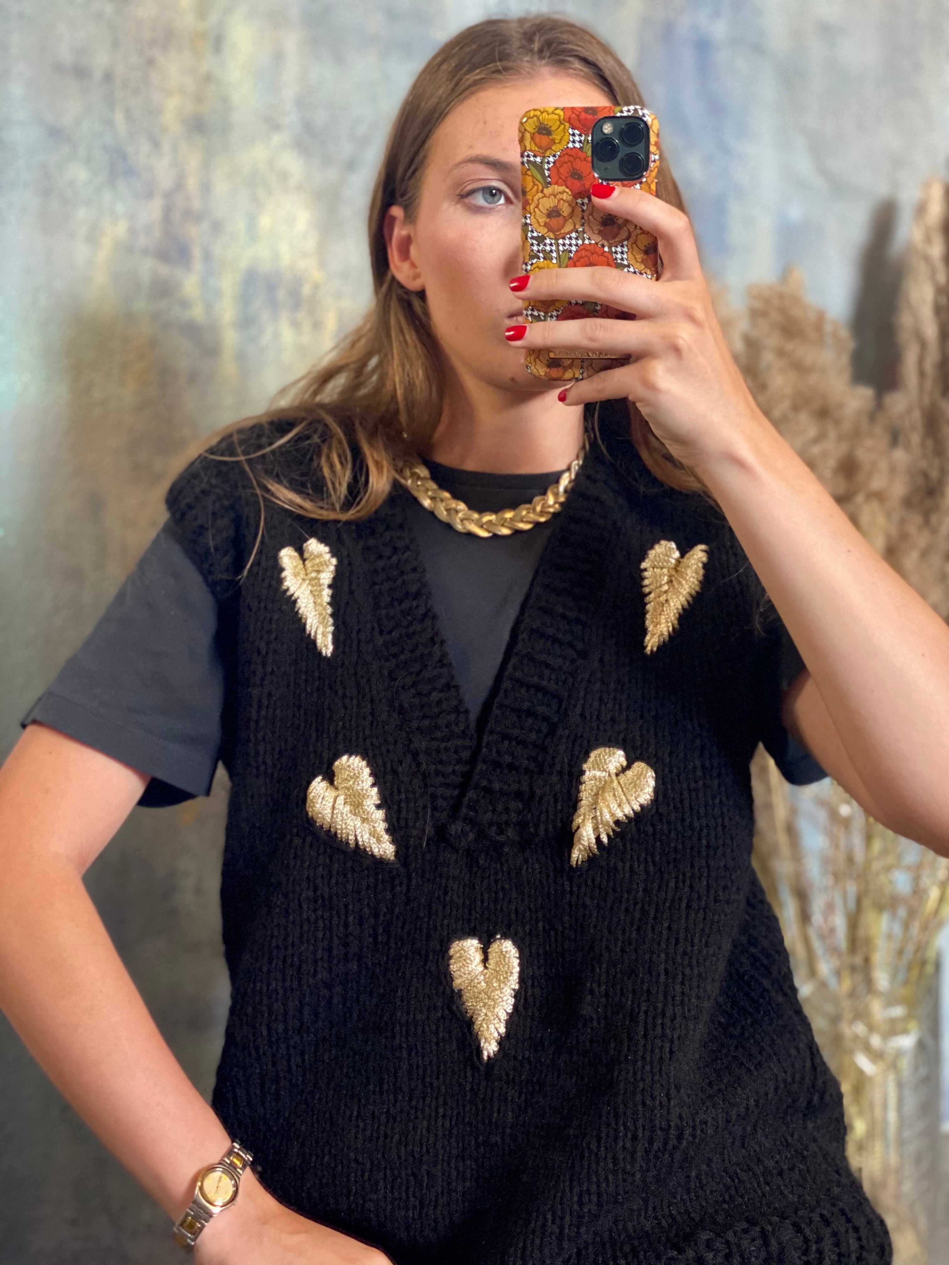 Black wool vest with hearts