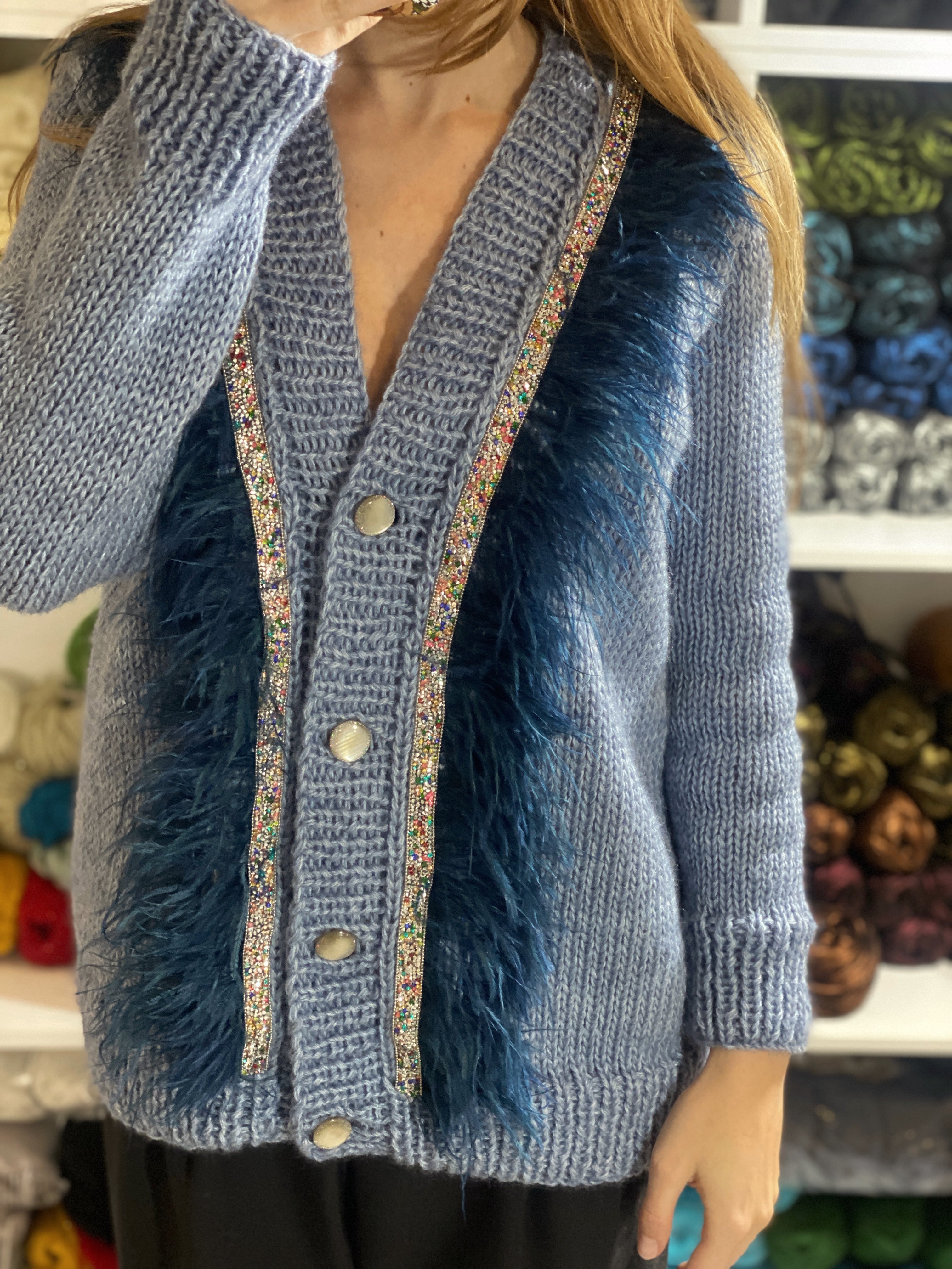Blue jeans cardigan with feathers
