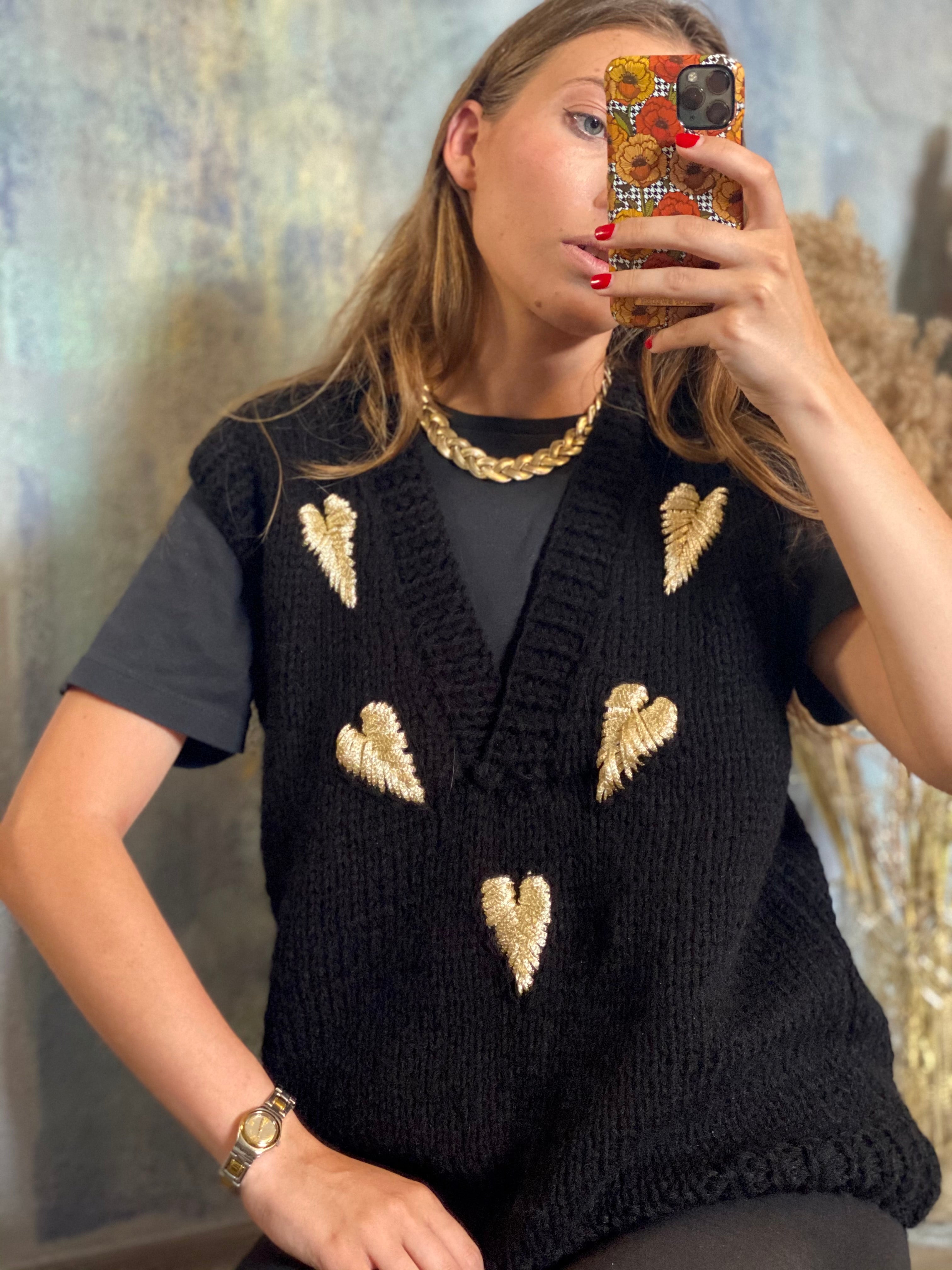 Black wool vest with hearts