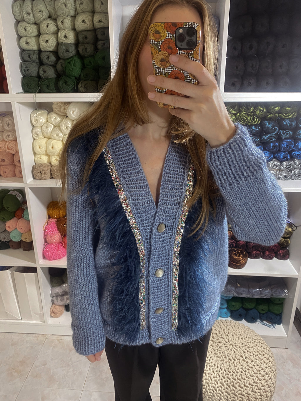 Blue jeans cardigan with feathers