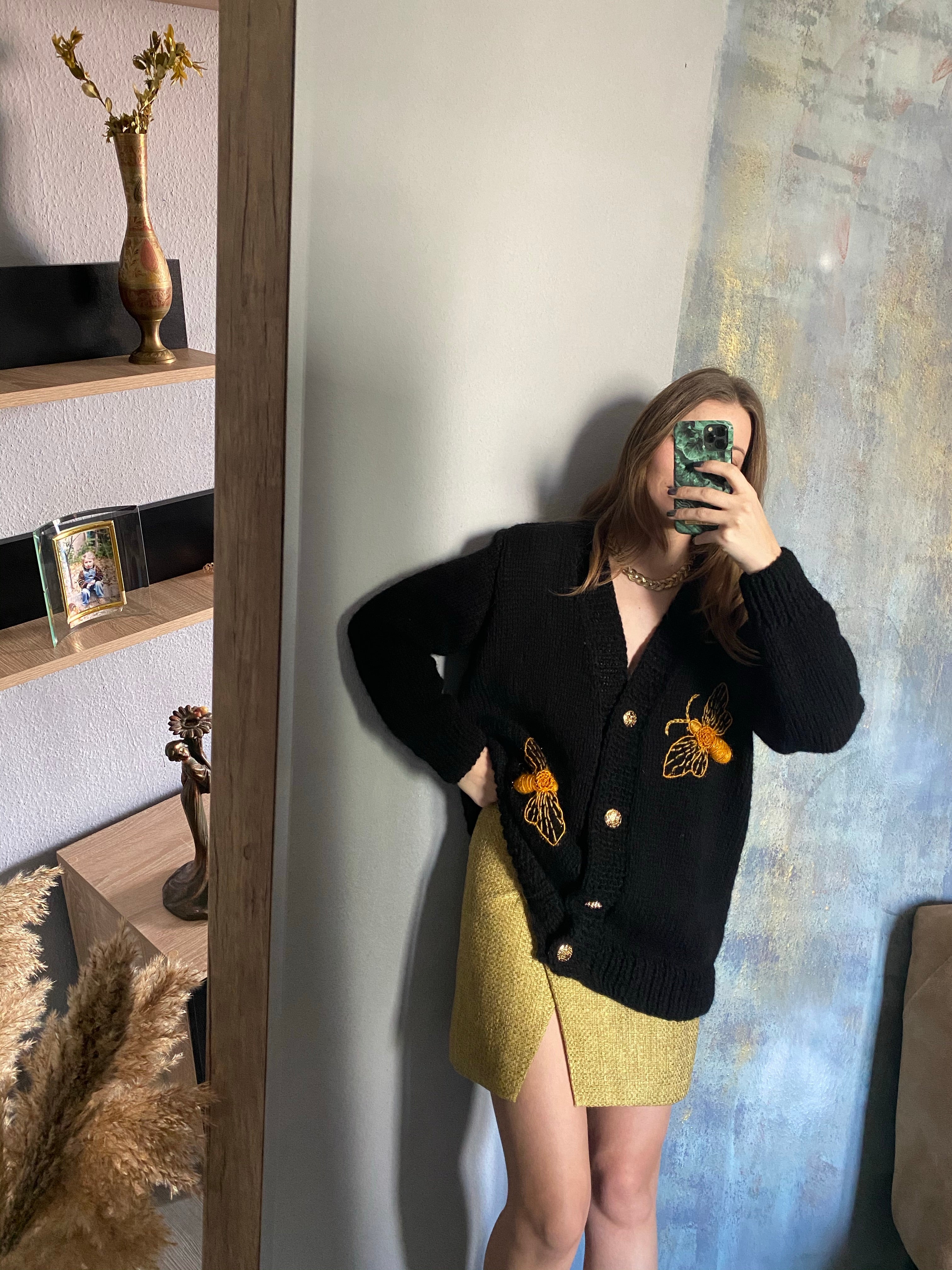 Black wool cardigan with embroidery