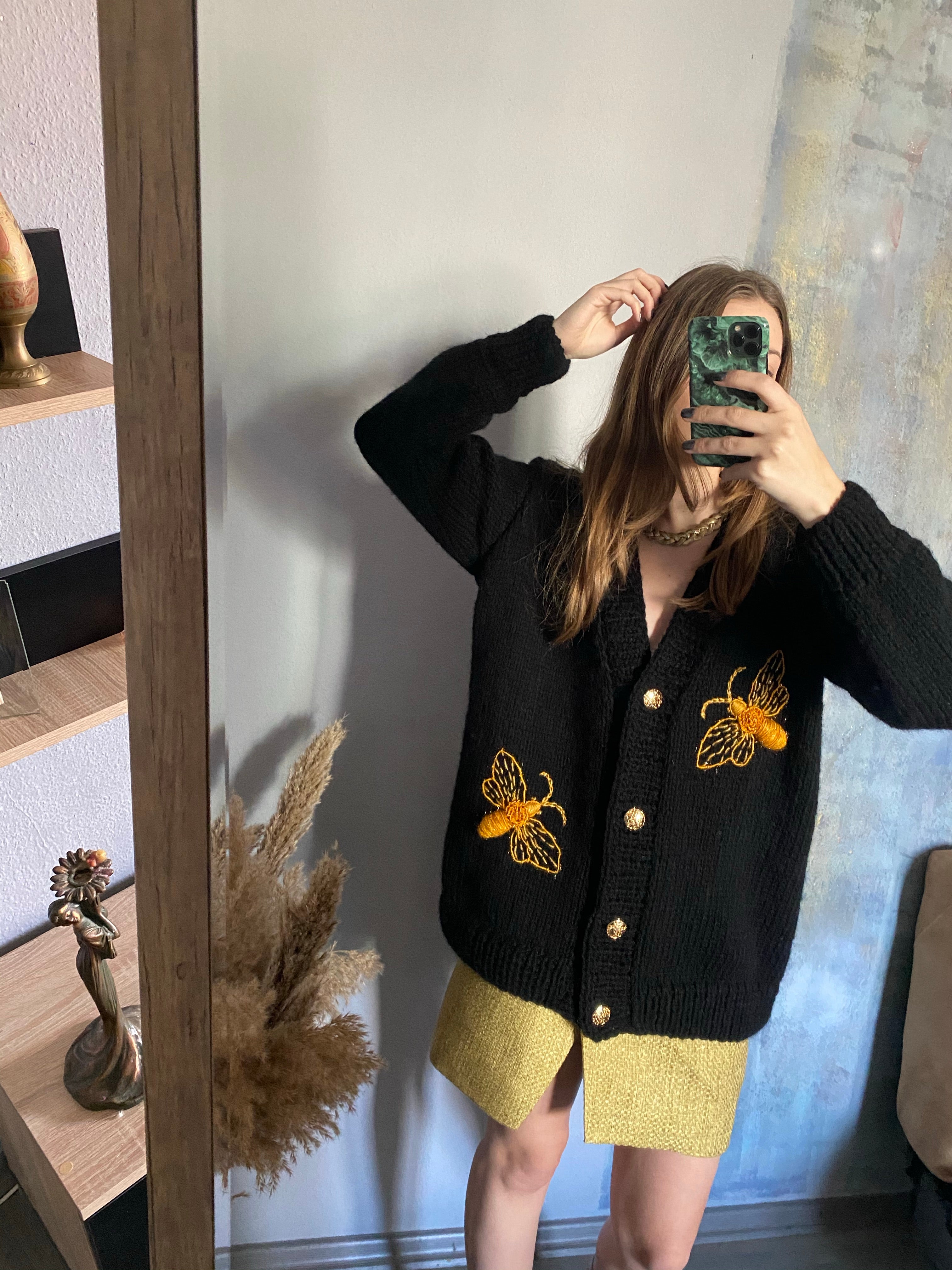 Black wool cardigan with embroidery
