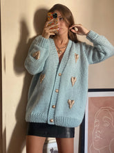 Load image into Gallery viewer, Blue cardigan with golden hearts
