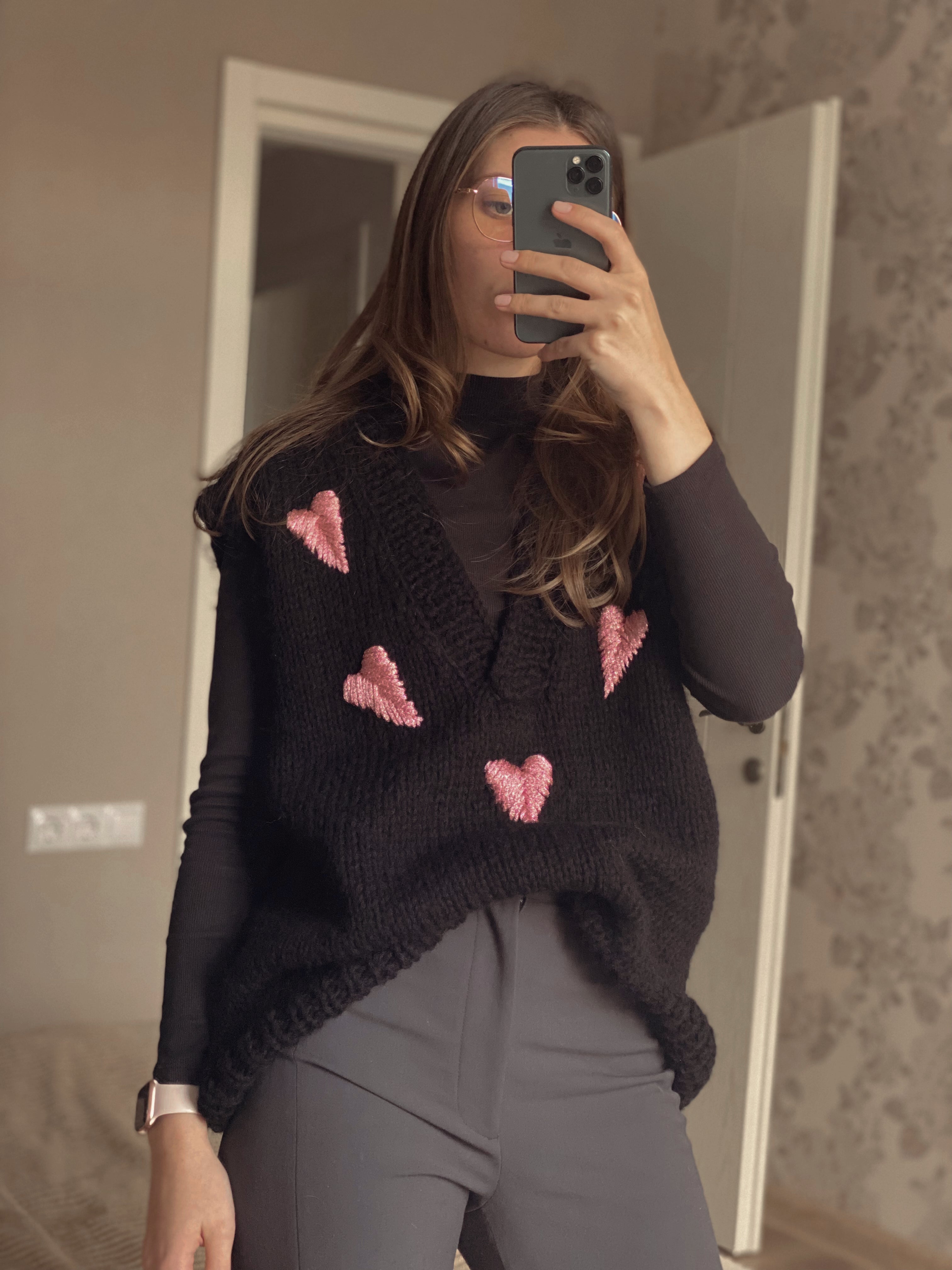 Black wool vest with pink hearts