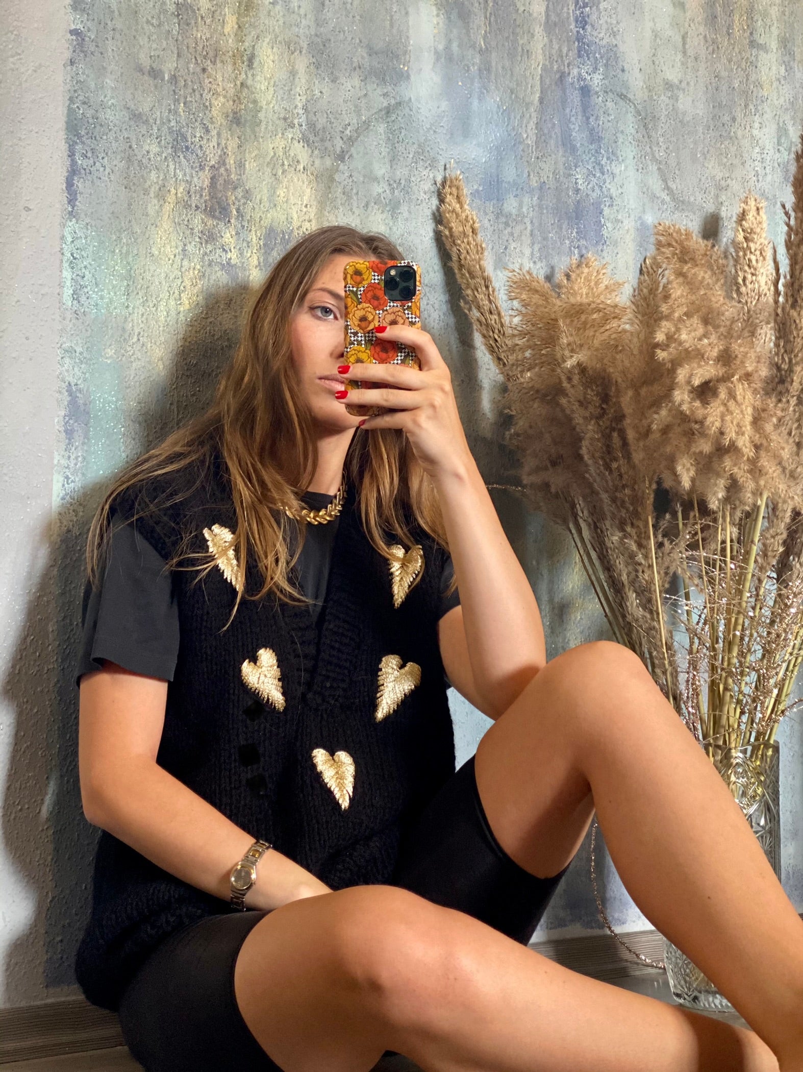Black wool vest with hearts