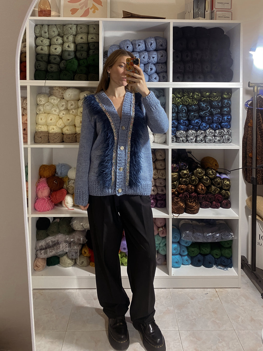 Blue jeans cardigan with feathers