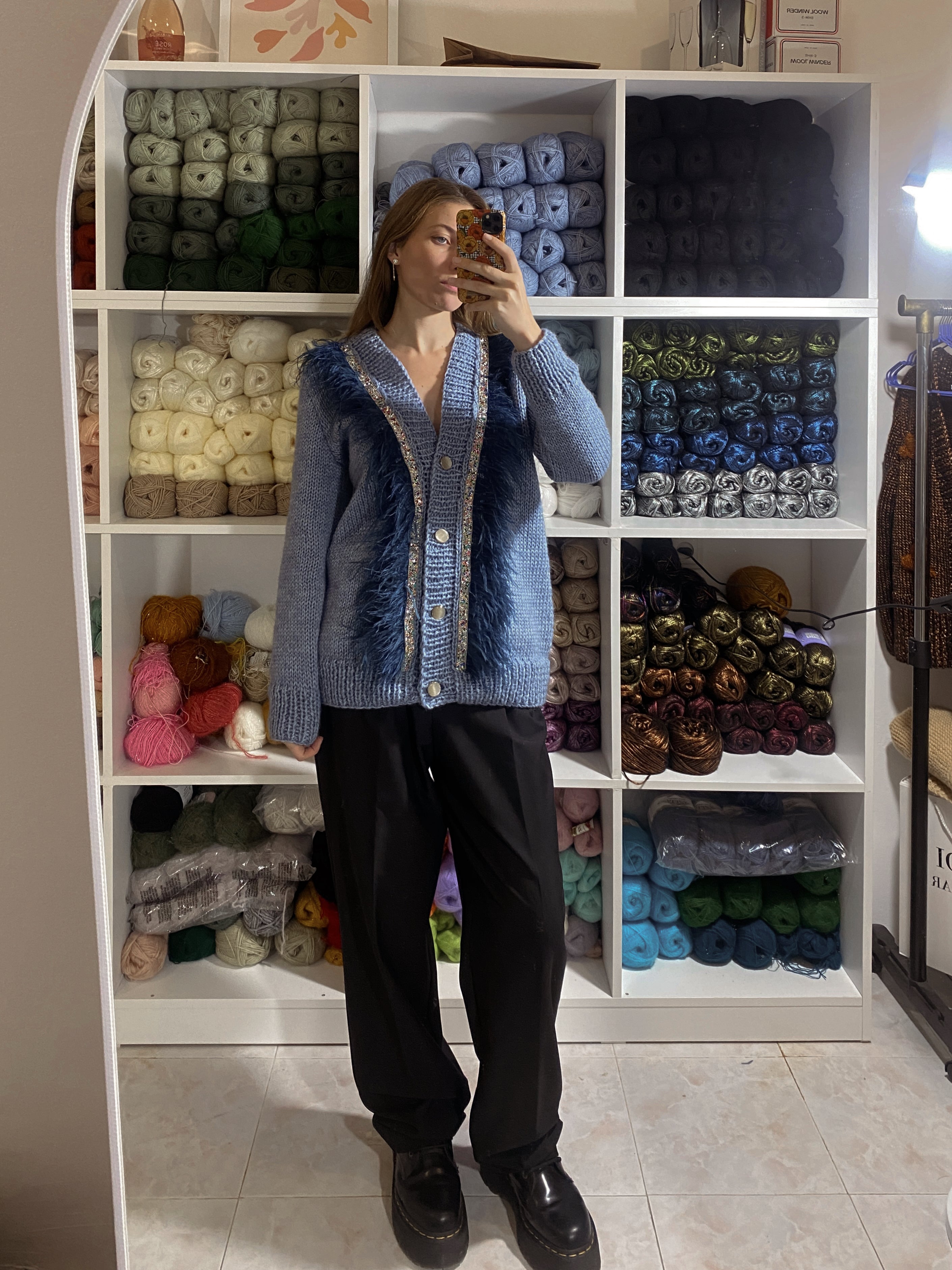 Blue jeans cardigan with feathers