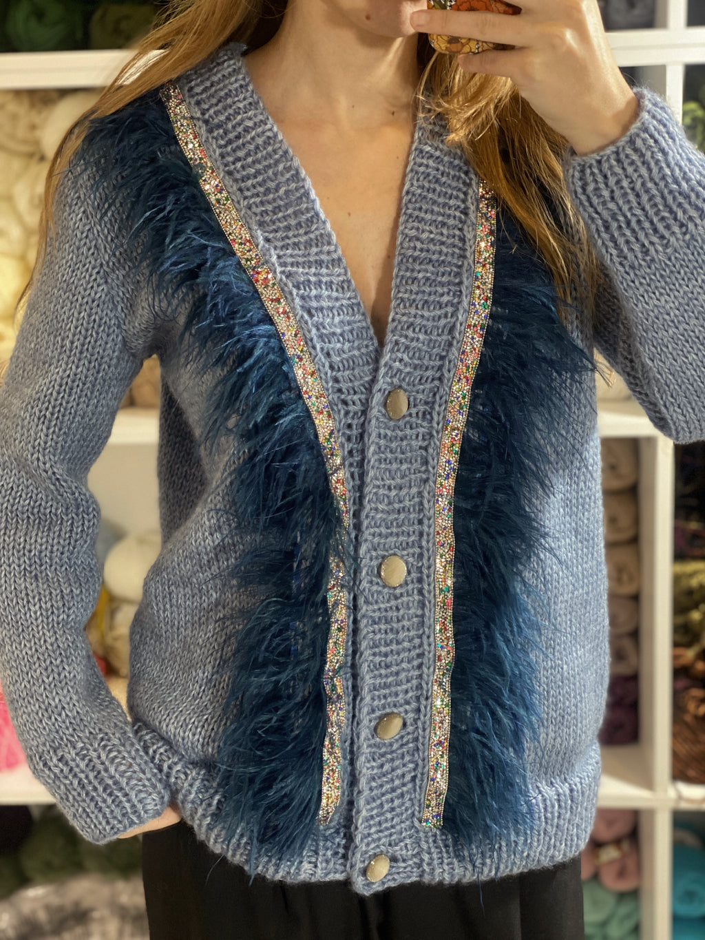 Blue jeans cardigan with feathers