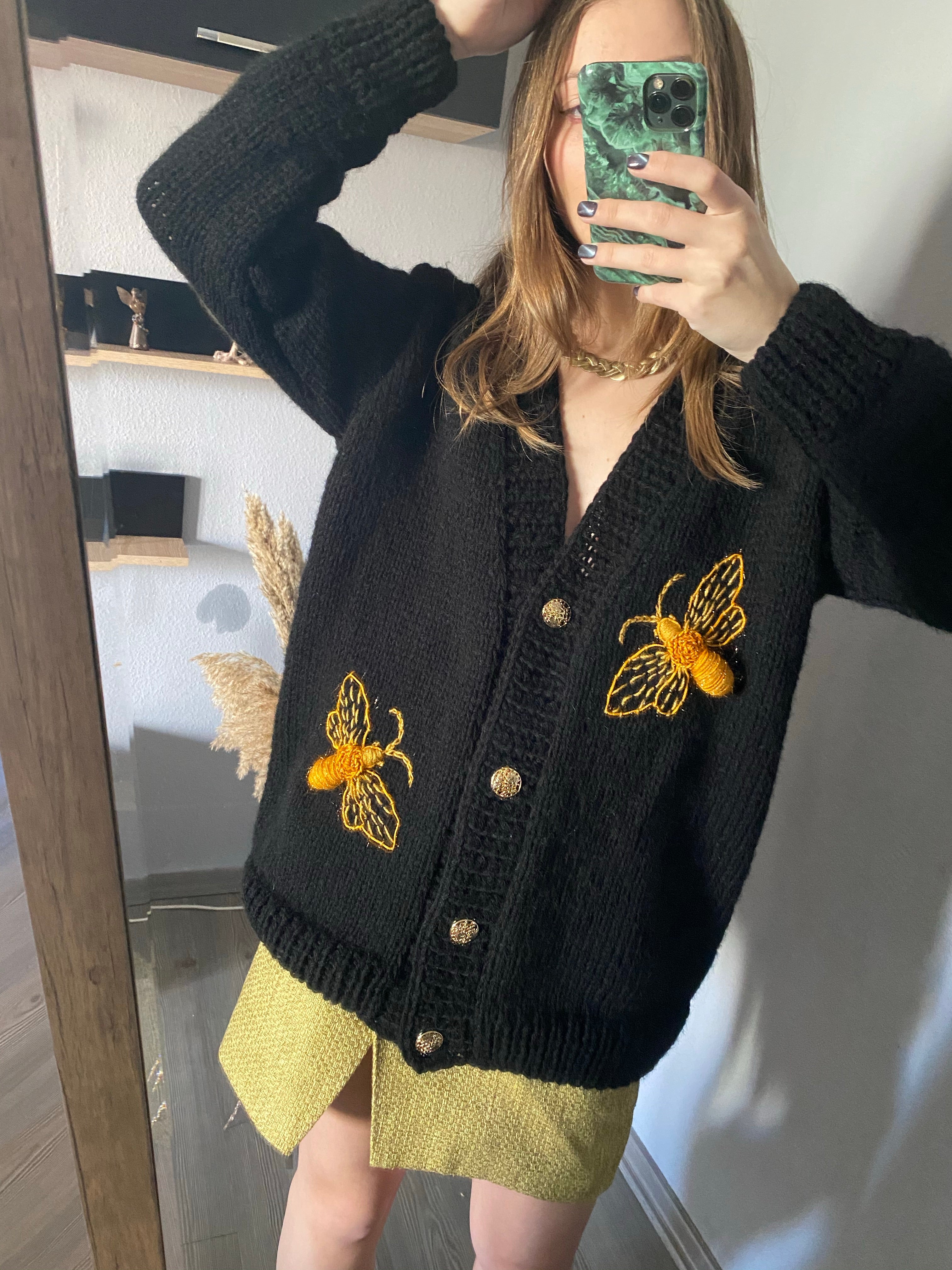 Black wool cardigan with embroidery