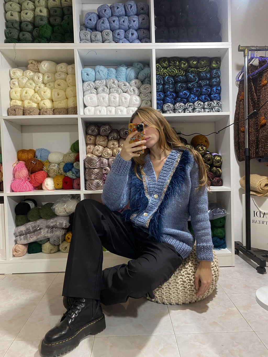 Blue jeans cardigan with feathers