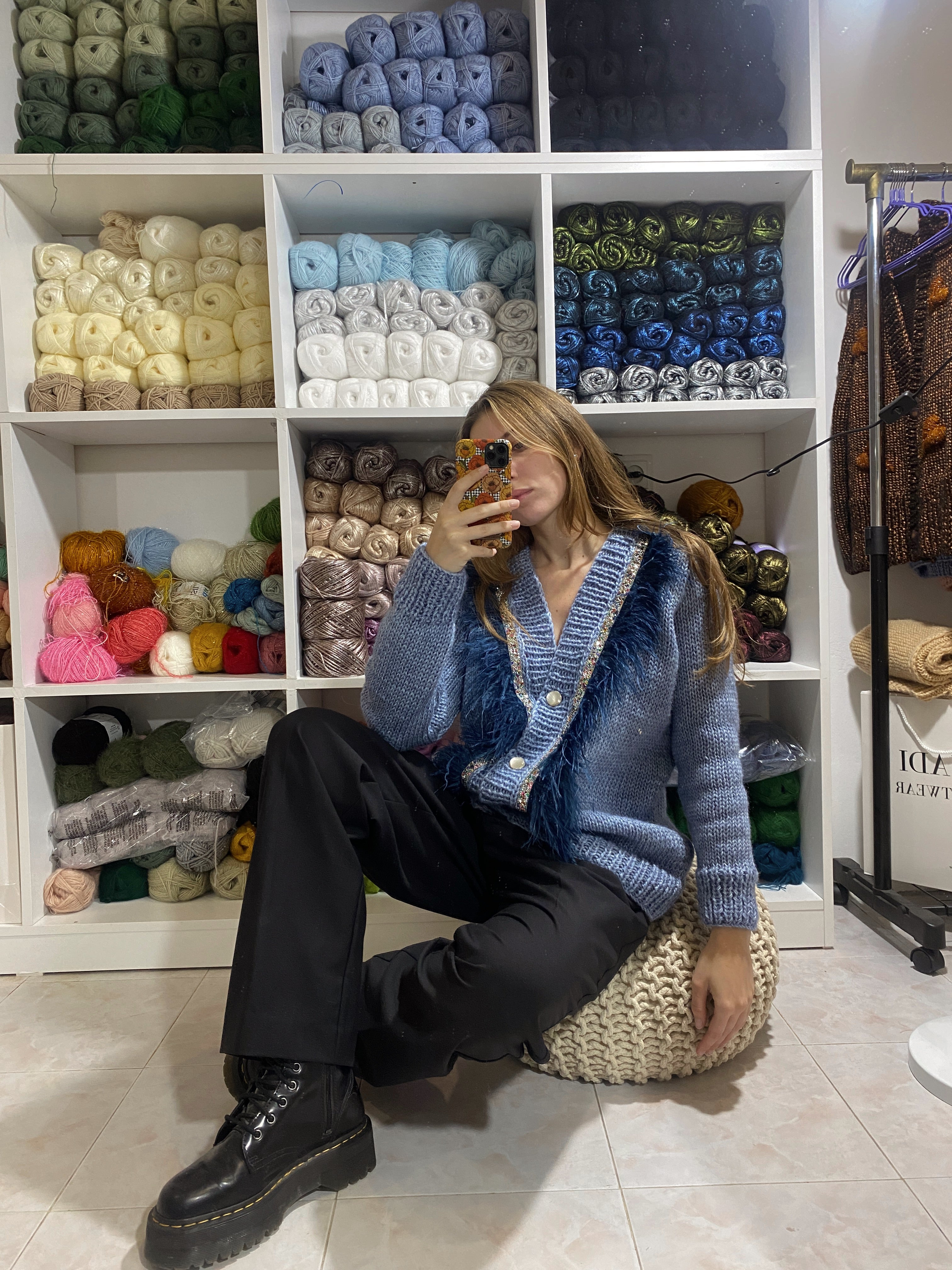 Blue jeans cardigan with feathers