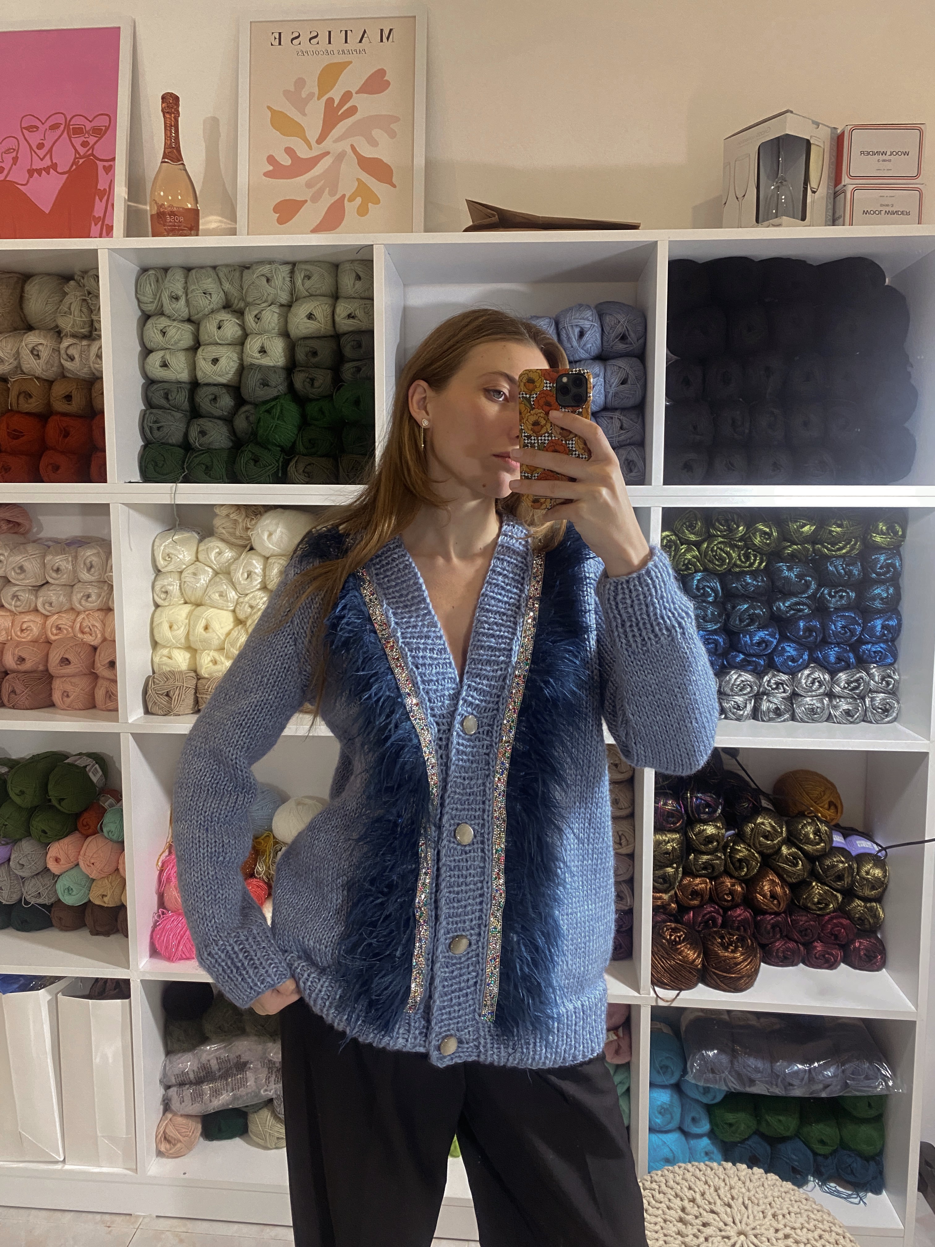 Blue jeans cardigan with feathers
